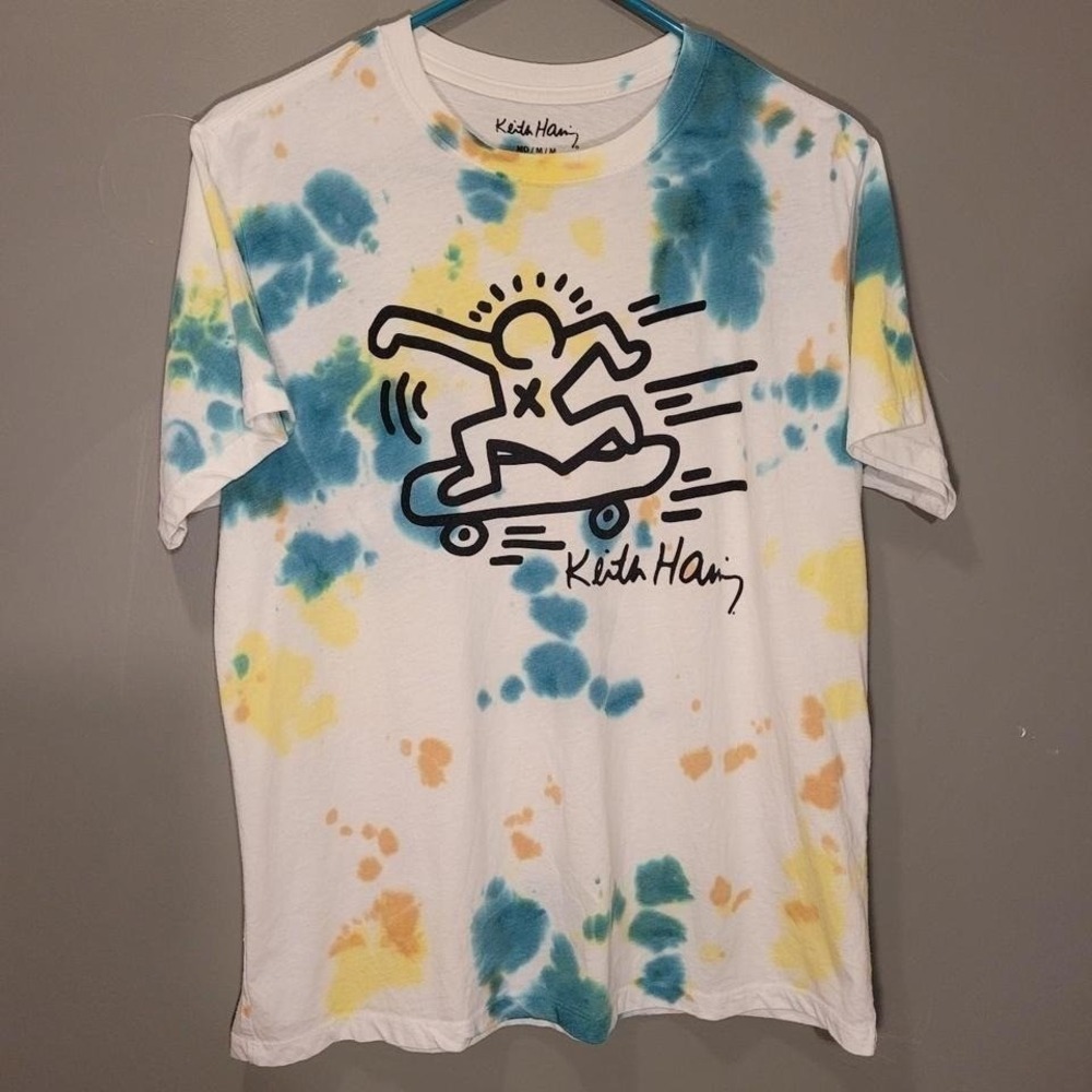 Keith Haring Tie Dye Skateboarding Graphic T-shirt, Men's Size M, White Multi